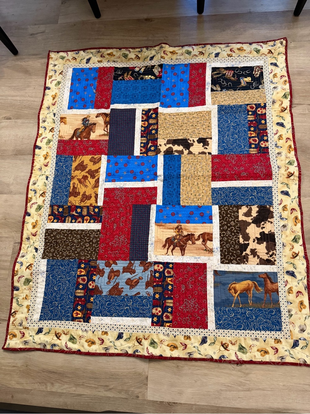 Handmade Western Cowboy Red Blue Quilt Lap Blanket 43"x51"